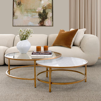 Duo Marble & Glass Coffee Tables Set 2 Antique Gold Frame